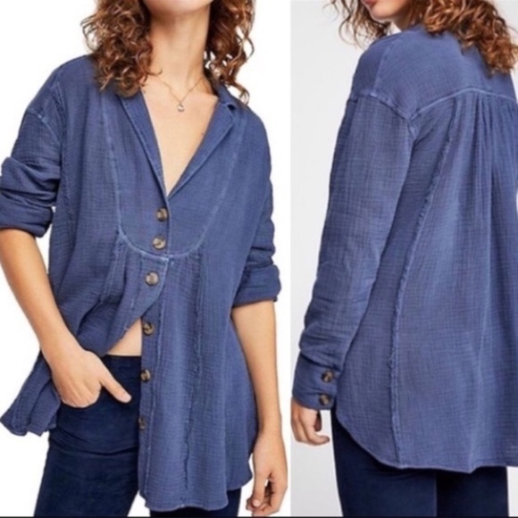 FREE People All About The Feels Button Up Shirt 100% Cotton Gauze Blue Size XS - Picture 11 of 11